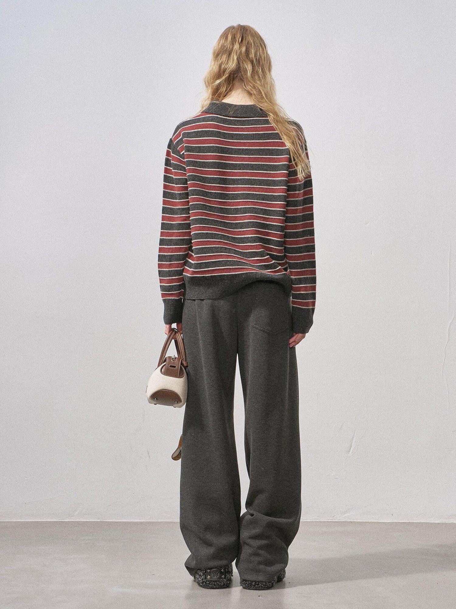 DIDDI MODA Black Red Striped Polo Collar Knit Fit Women&