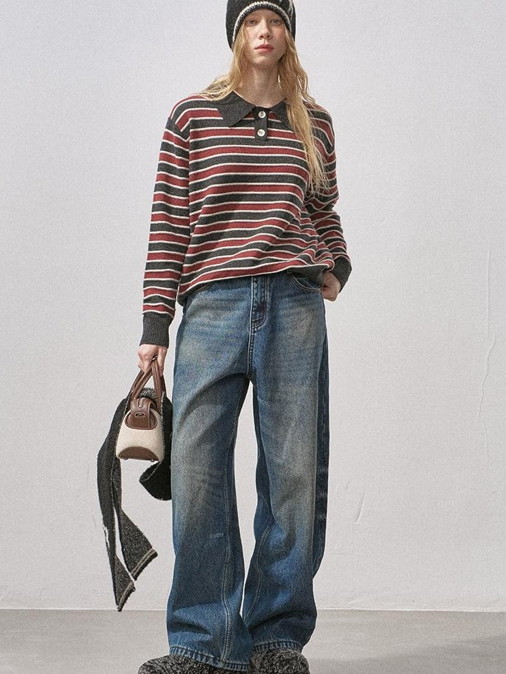 DIDDI MODA Black Red Striped Polo Collar Knit Fit Women&