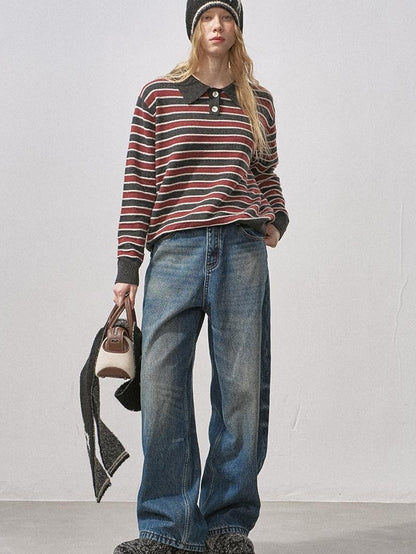 DIDDI MODA Black Red Striped Polo Collar Knit Fit Women&