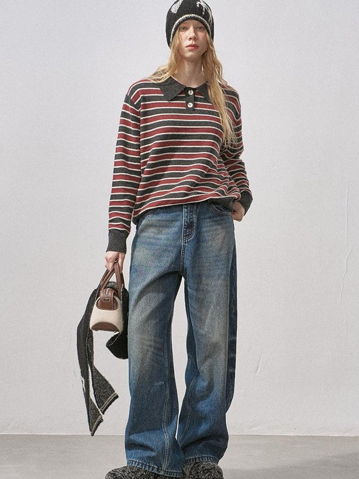 DIDDI MODA Black Red Striped Polo Collar Knit Fit Women&