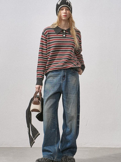 DIDDI MODA Black Red Striped Polo Collar Knit Fit Women&