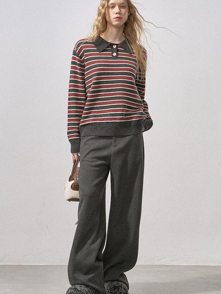 DIDDI MODA Black Red Striped Polo Collar Knit Fit Women&