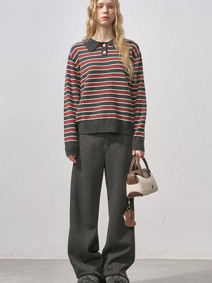 DIDDI MODA Black Red Striped Polo Collar Knit Fit Women&