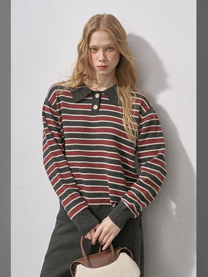 DIDDI MODA Black Red Striped Polo Collar Knit Fit Women&
