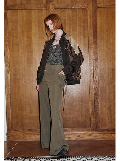 DIDDI MODA Black Rhinestone Cargo Pockets Faux Two Piece Low Waist Women&