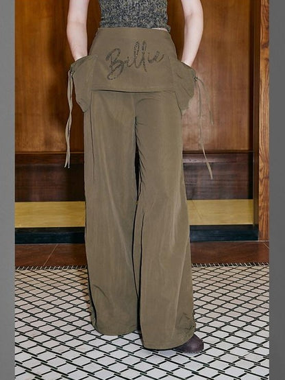 DIDDI MODA Black Rhinestone Cargo Pockets Faux Two Piece Low Waist Women&
