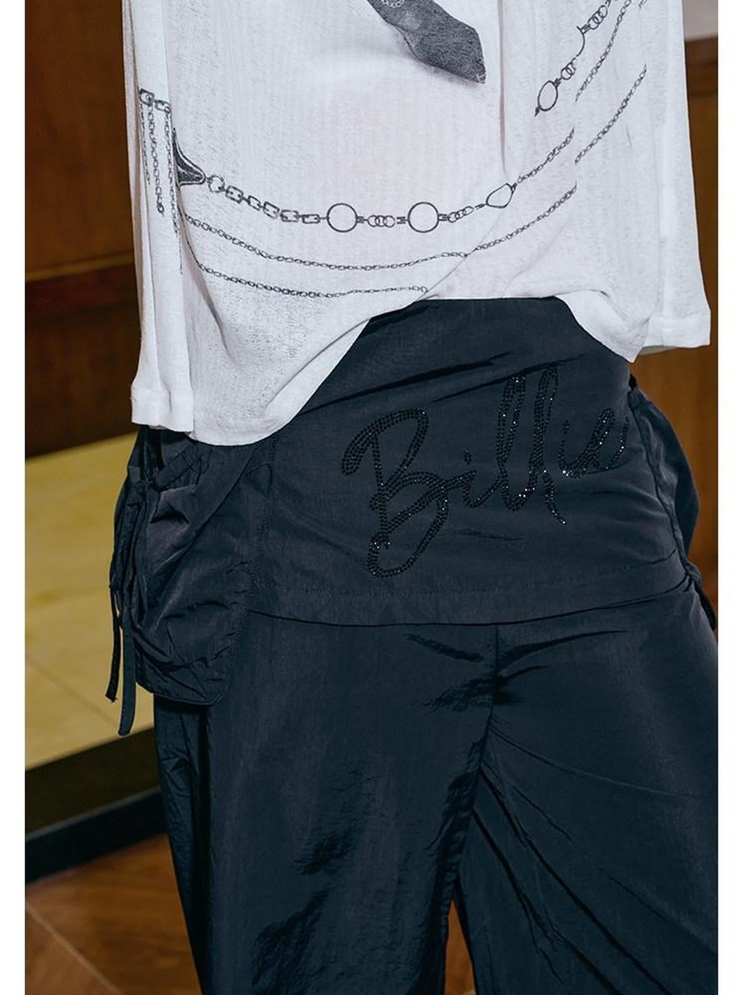 DIDDI MODA Black Rhinestone Cargo Pockets Faux Two Piece Low Waist Women&
