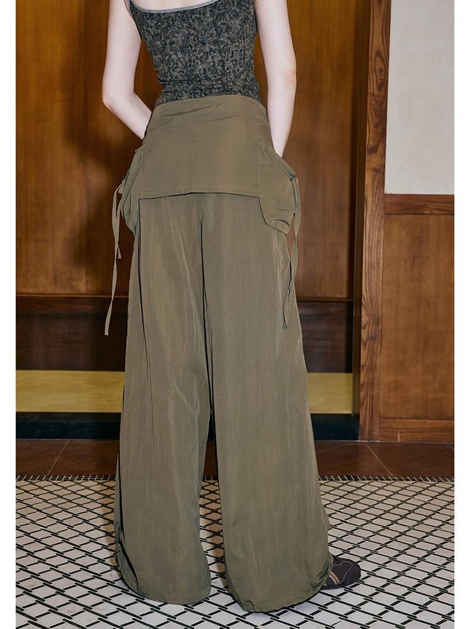 DIDDI MODA Black Rhinestone Cargo Pockets Faux Two Piece Low Waist Women&