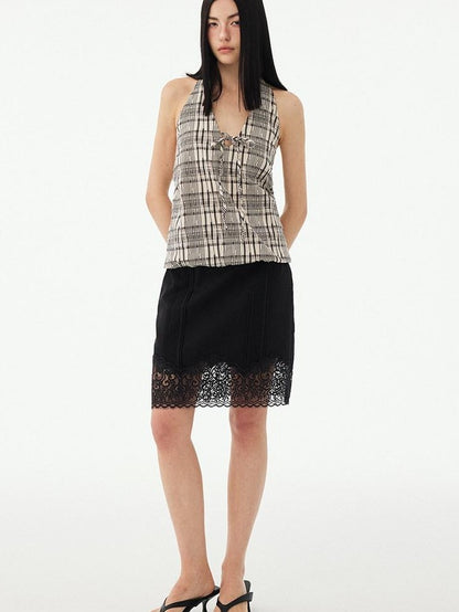DIDDI MODA Black White Check Lace Up Deep V Backless Structured Women&