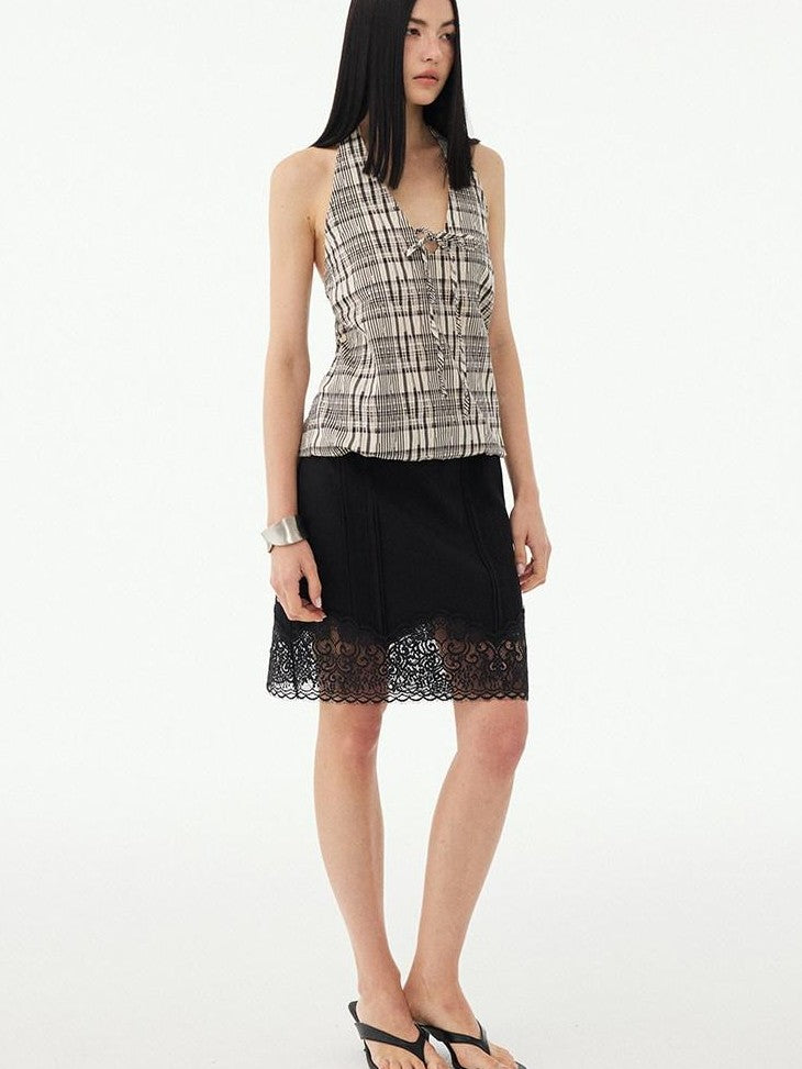 DIDDI MODA Black White Check Lace Up Deep V Backless Structured Women&