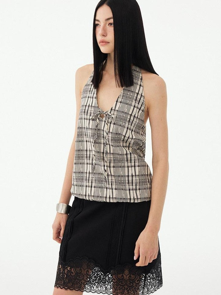DIDDI MODA Black White Check Lace Up Deep V Backless Structured Women&