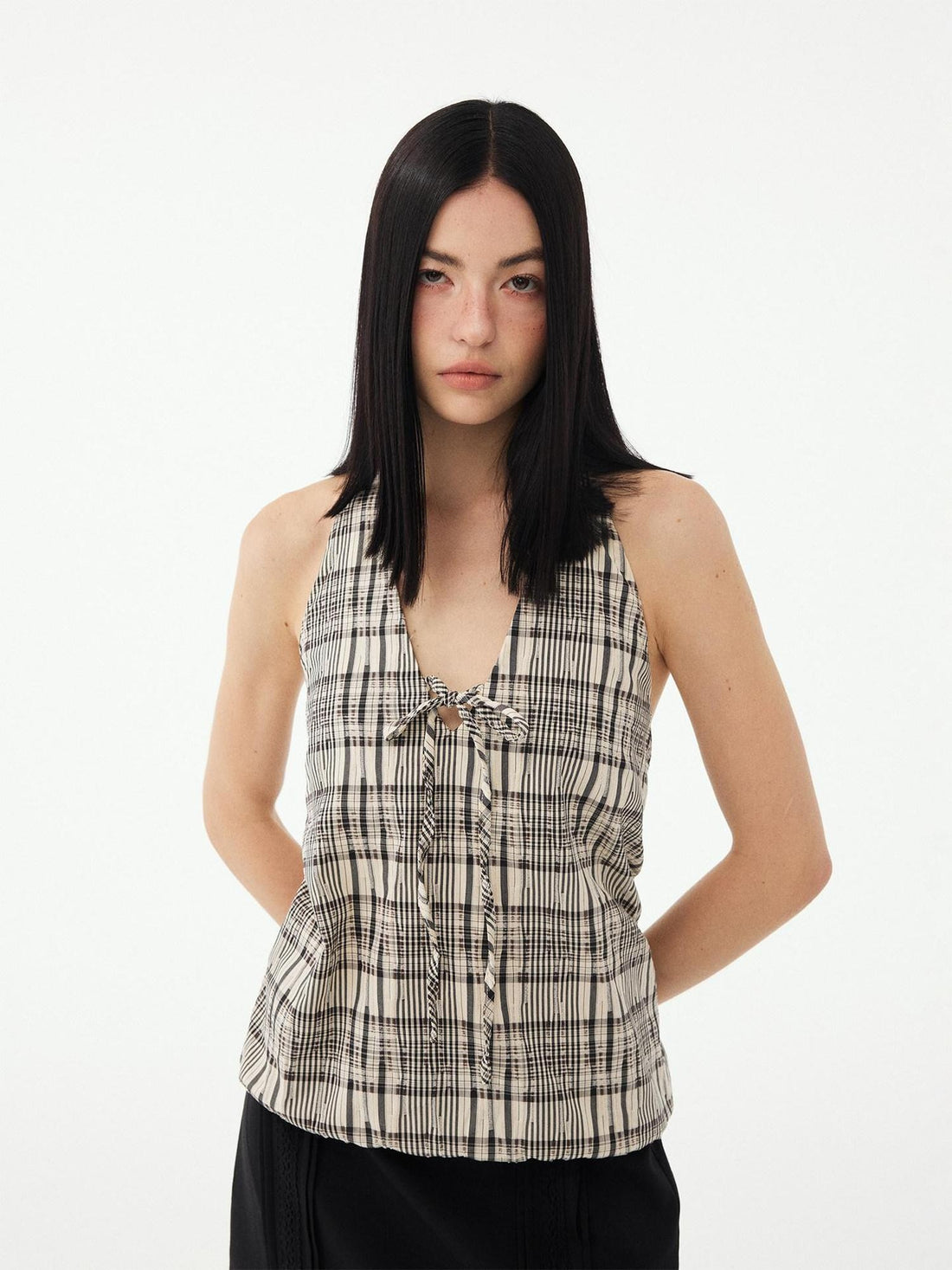 DIDDI MODA Black White Check Lace Up Deep V Backless Structured Women&