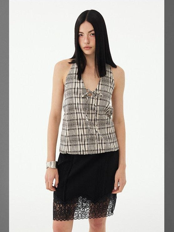 DIDDI MODA Black White Check Lace Up Deep V Backless Structured Women&