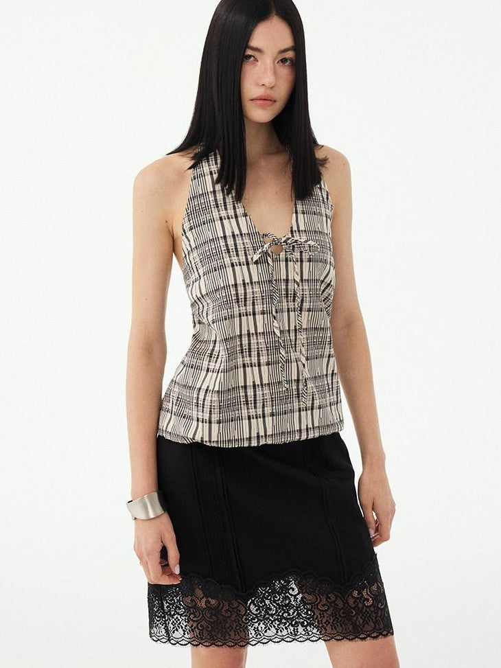 DIDDI MODA Black White Check Lace Up Deep V Backless Structured Women&