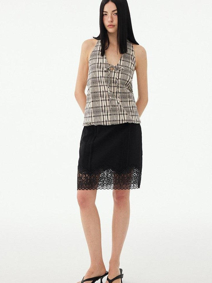 DIDDI MODA Black White Check Lace Up Deep V Backless Structured Women&