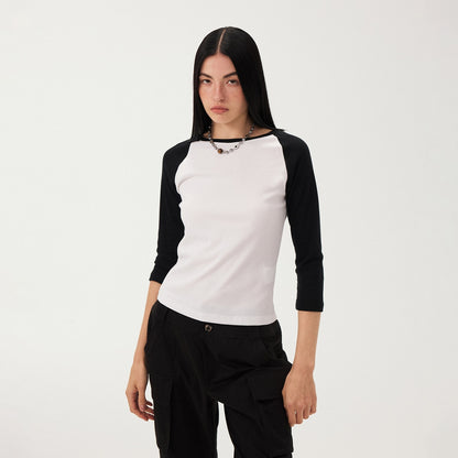 DIDDI_MODA_Black_White_Colorblock_Raglan_Crew_Neck_Waist_Cinched_Women&