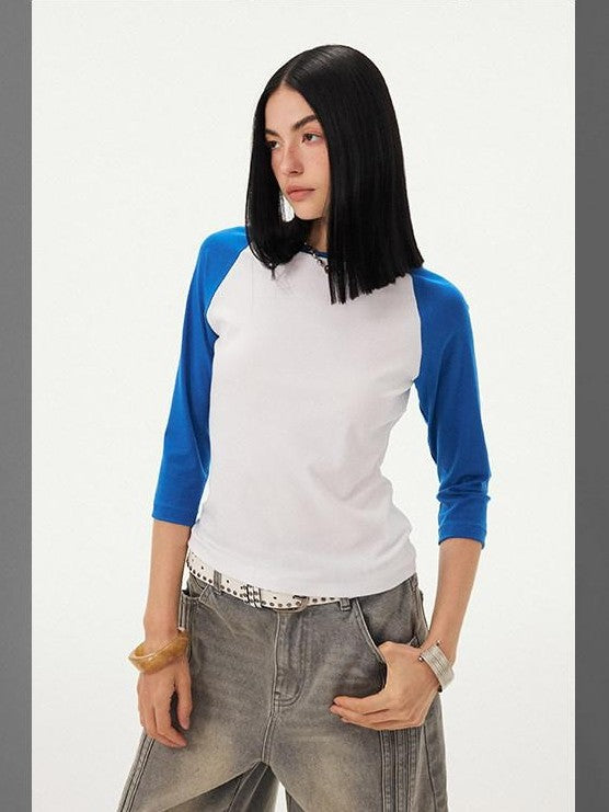 DIDDI MODA Black White Colorblock Raglan Crew Neck Waist Cinched Women&