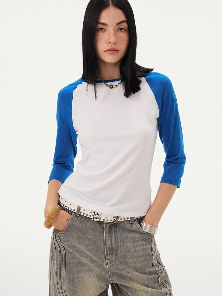 DIDDI MODA Black White Colorblock Raglan Crew Neck Waist Cinched Women&
