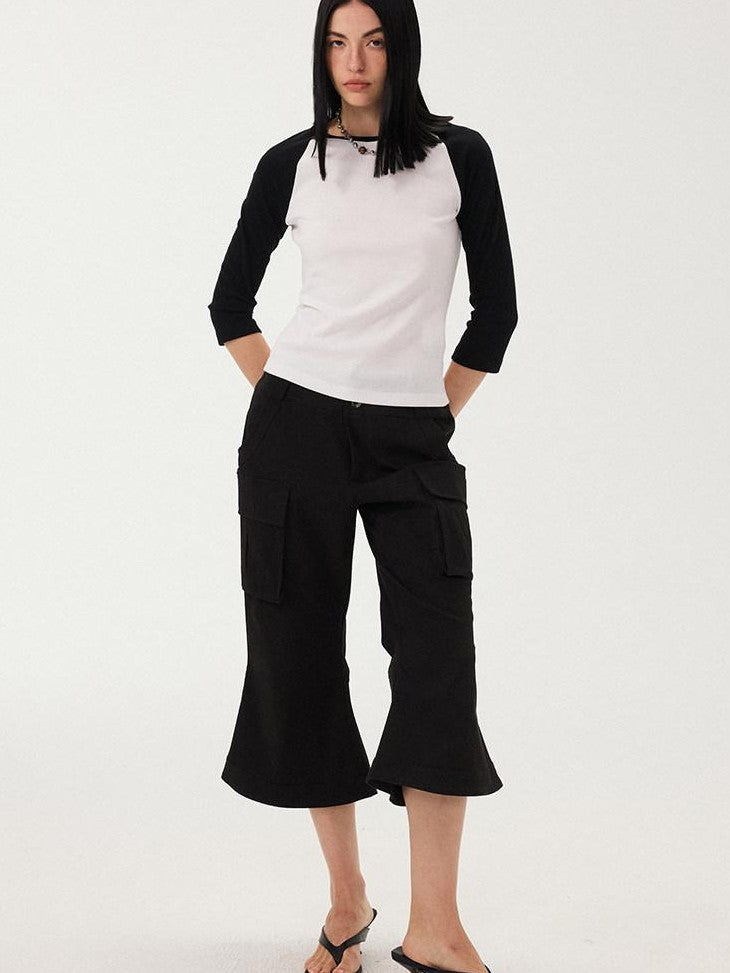DIDDI MODA Black White Colorblock Raglan Crew Neck Waist Cinched Women&