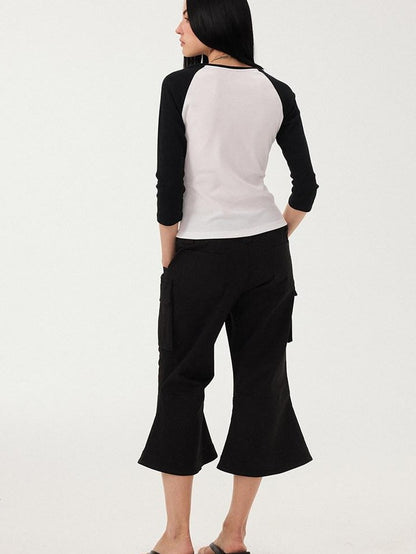 DIDDI MODA Black White Colorblock Raglan Crew Neck Waist Cinched Women&
