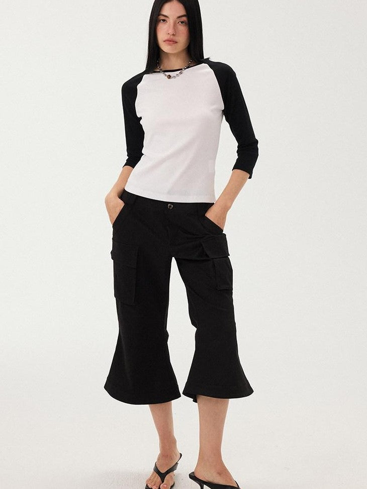 DIDDI MODA Black White Colorblock Raglan Crew Neck Waist Cinched Women&