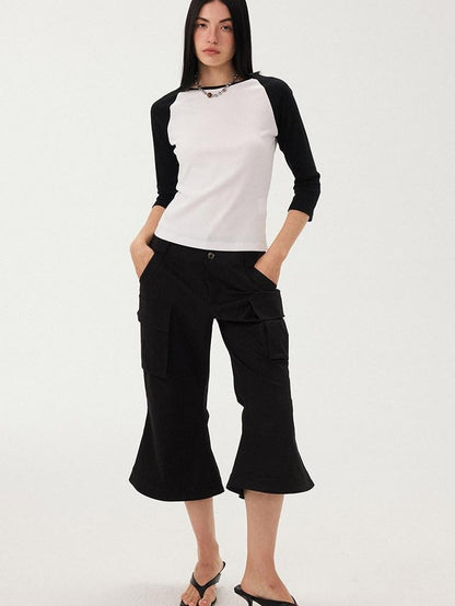 DIDDI MODA Black White Colorblock Raglan Crew Neck Waist Cinched Women&