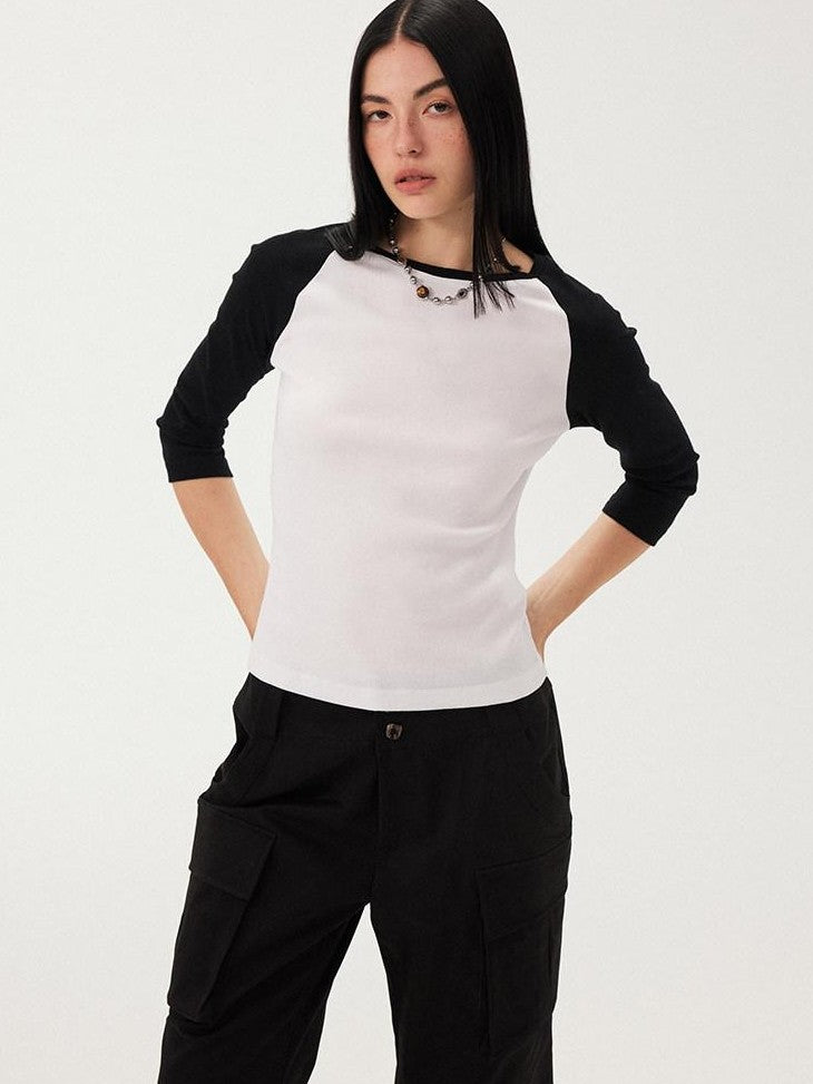 DIDDI MODA Black White Colorblock Raglan Crew Neck Waist Cinched Women&