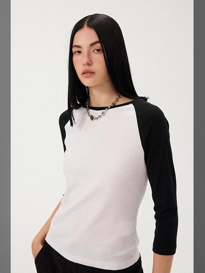 DIDDI MODA Black White Colorblock Raglan Crew Neck Waist Cinched Women&