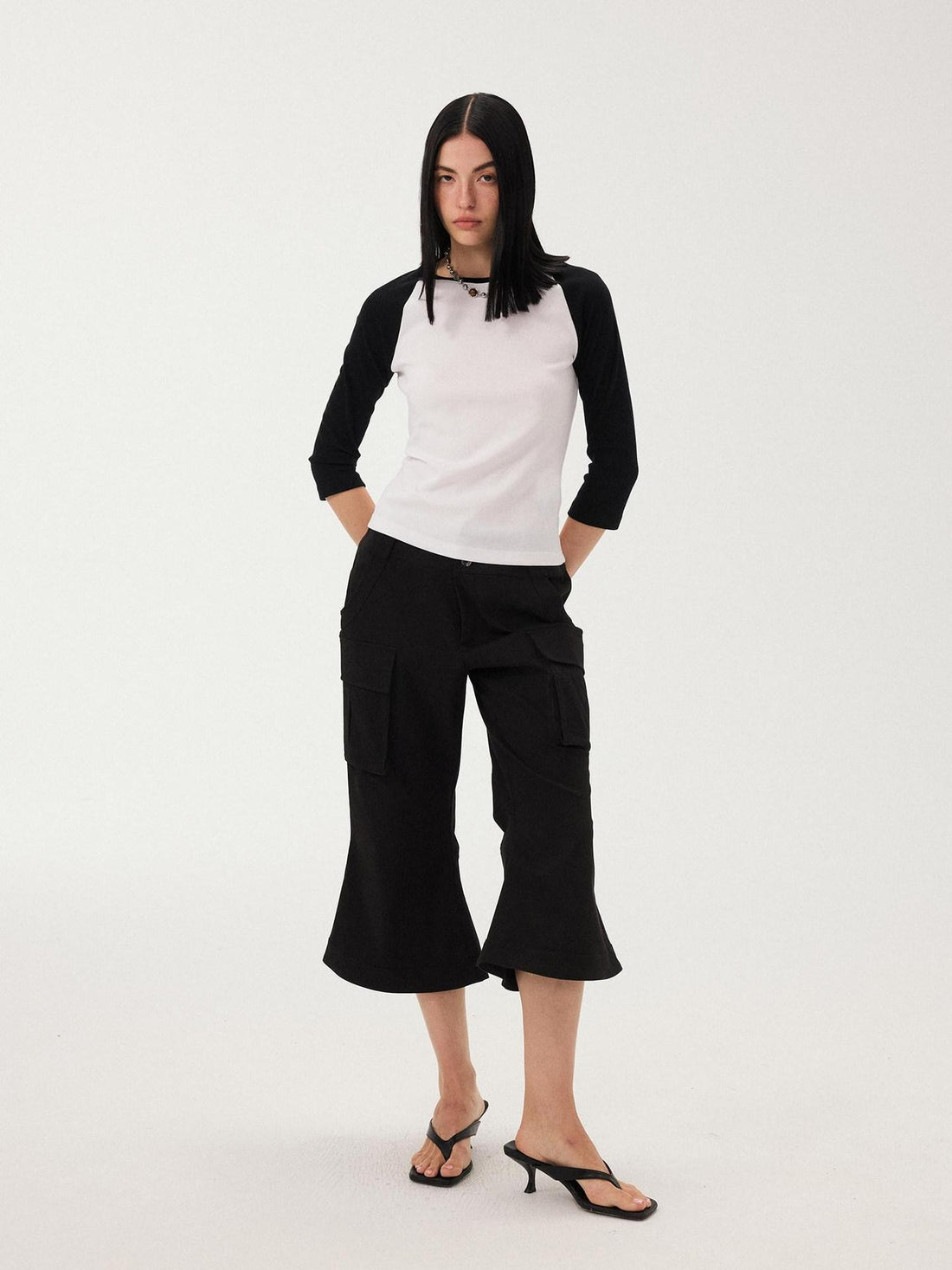 DIDDI MODA Black White Colorblock Raglan Crew Neck Waist Cinched Women&