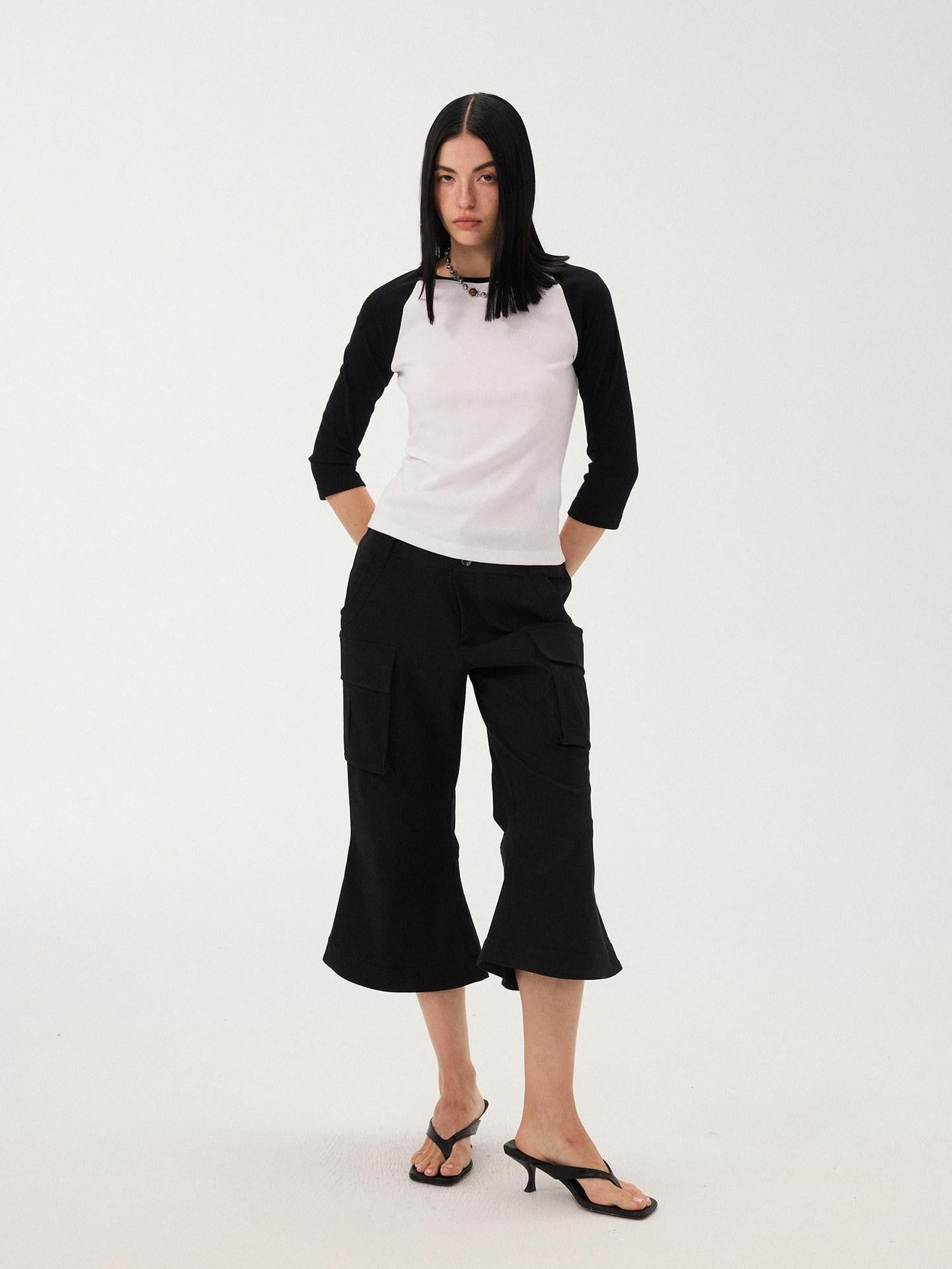 DIDDI MODA Black White Colorblock Raglan Crew Neck Waist Cinched Women&