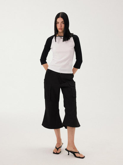 DIDDI MODA Black White Colorblock Raglan Crew Neck Waist Cinched Women&