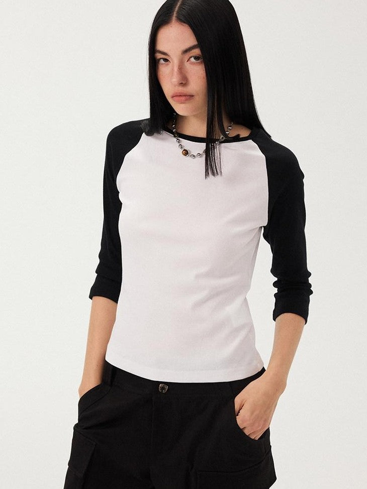 DIDDI MODA Black White Colorblock Raglan Crew Neck Waist Cinched Women&