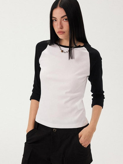 DIDDI MODA Black White Colorblock Raglan Crew Neck Waist Cinched Women&