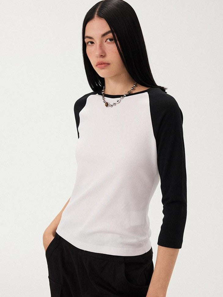 DIDDI MODA Black White Colorblock Raglan Crew Neck Waist Cinched Women&