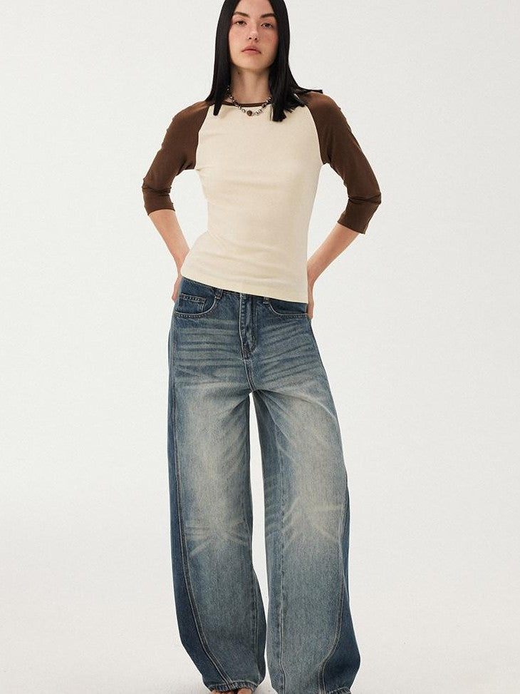 DIDDI MODA Black White Colorblock Raglan Crew Neck Waist Cinched Women&