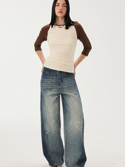 DIDDI MODA Black White Colorblock Raglan Crew Neck Waist Cinched Women&