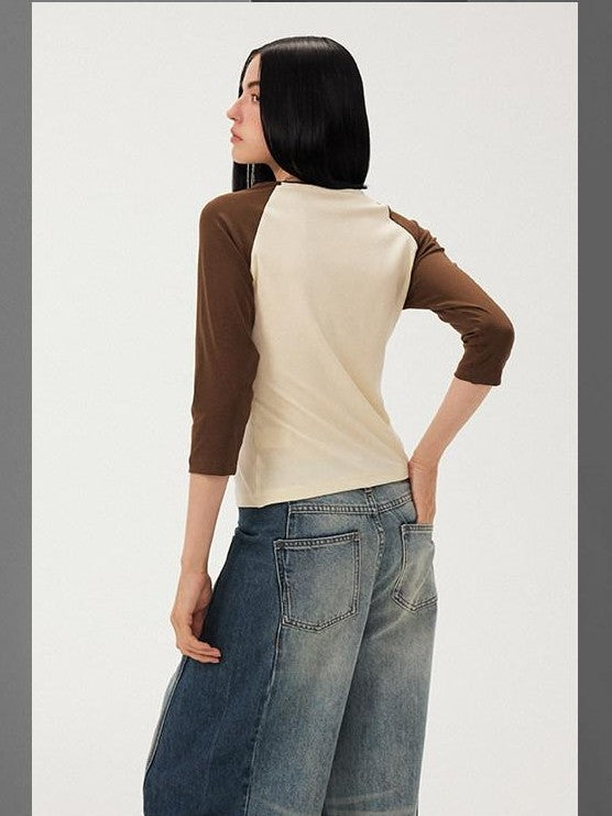 DIDDI MODA Black White Colorblock Raglan Crew Neck Waist Cinched Women&