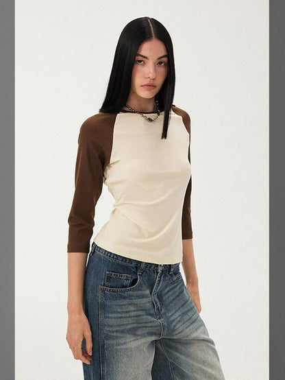 DIDDI MODA Black White Colorblock Raglan Crew Neck Waist Cinched Women&