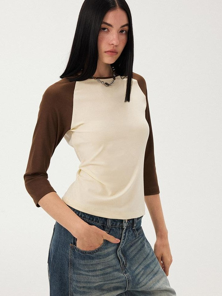 DIDDI MODA Black White Colorblock Raglan Crew Neck Waist Cinched Women&