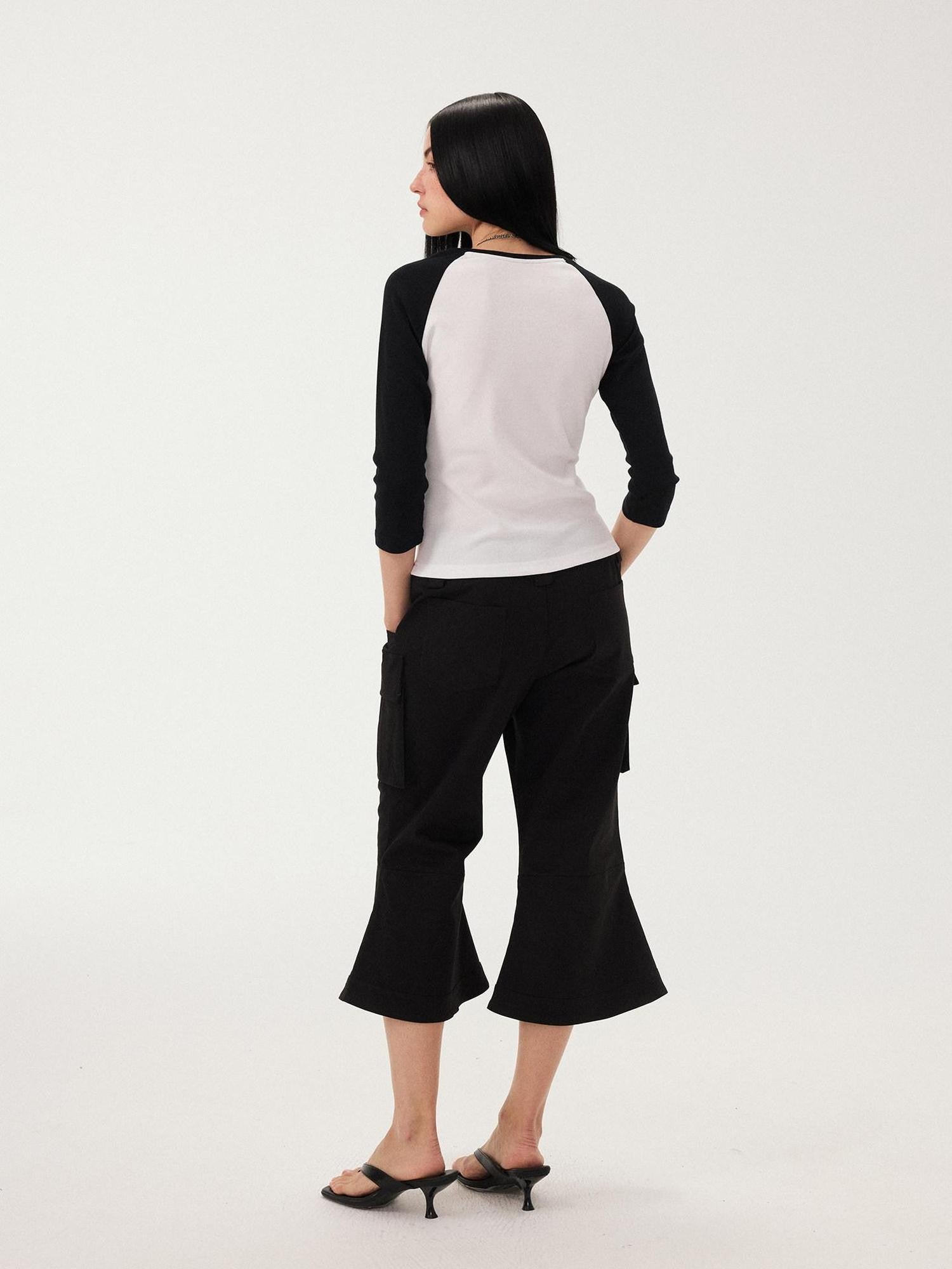 DIDDI MODA Black White Colorblock Raglan Crew Neck Waist Cinched Women&