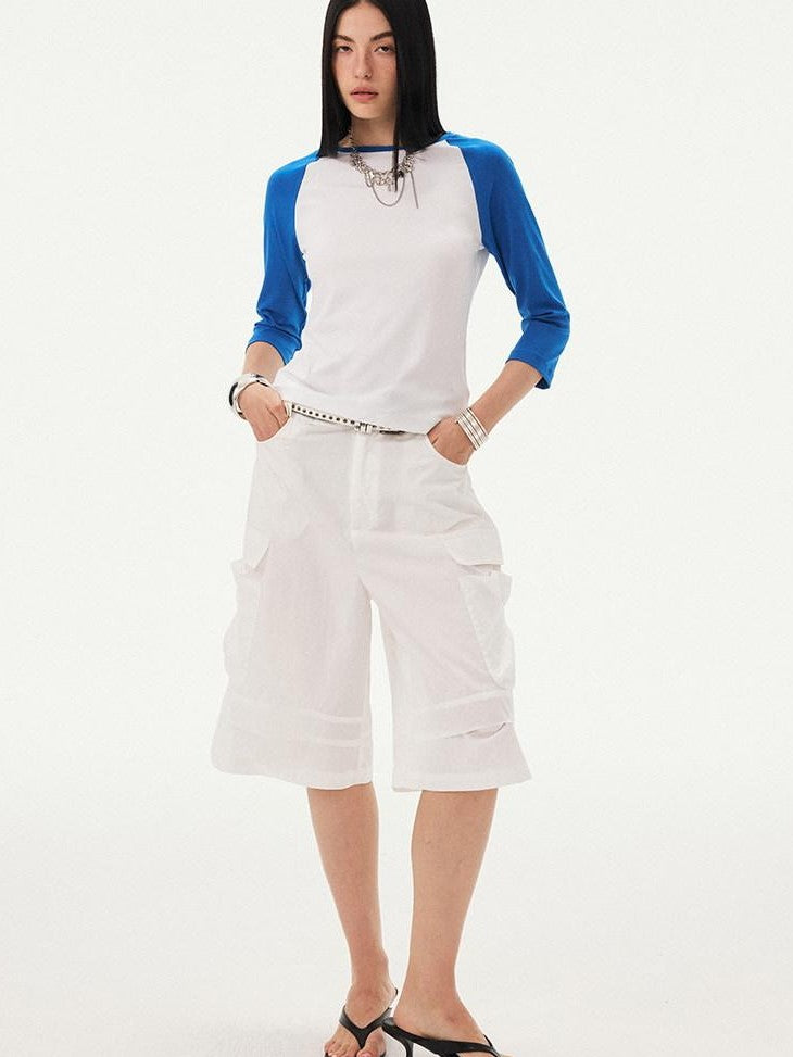 DIDDI MODA Black White Colorblock Raglan Crew Neck Waist Cinched Women&