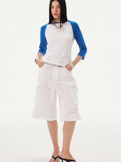 DIDDI MODA Black White Colorblock Raglan Crew Neck Waist Cinched Women&