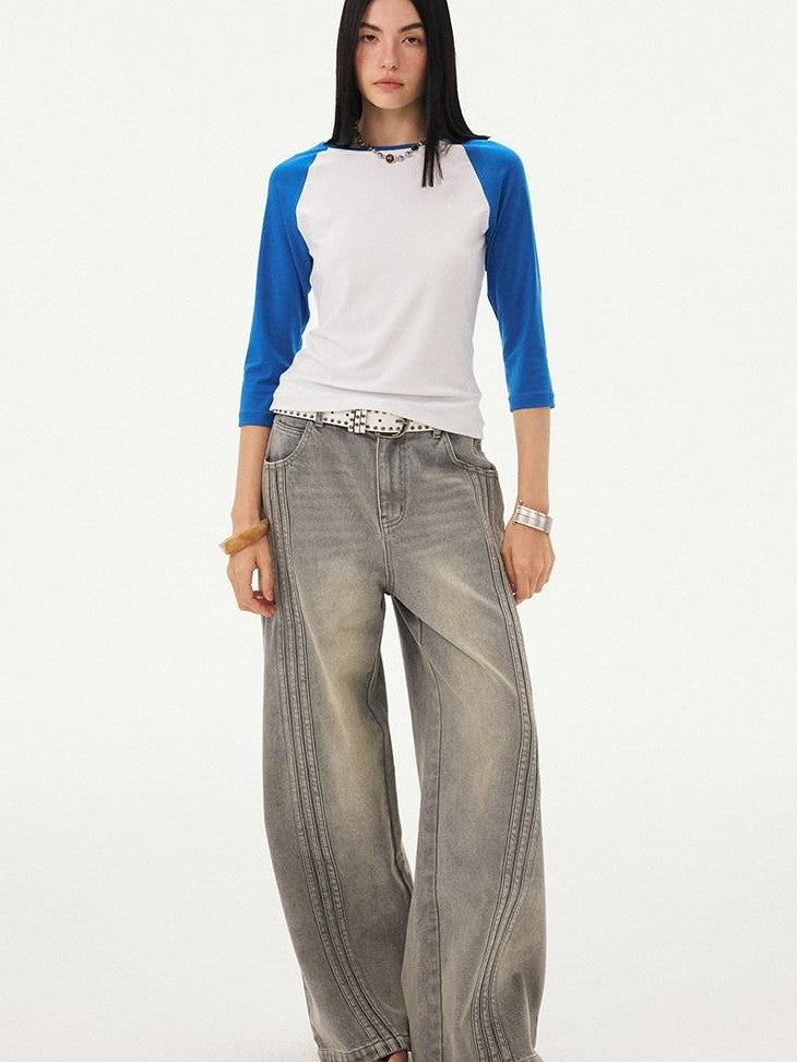 DIDDI MODA Black White Colorblock Raglan Crew Neck Waist Cinched Women&