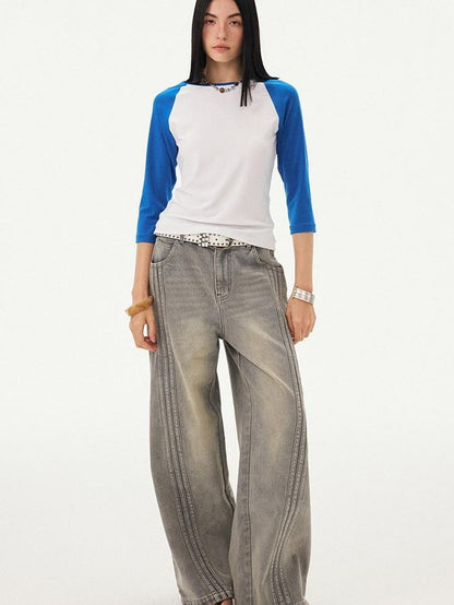 DIDDI MODA Black White Colorblock Raglan Crew Neck Waist Cinched Women&