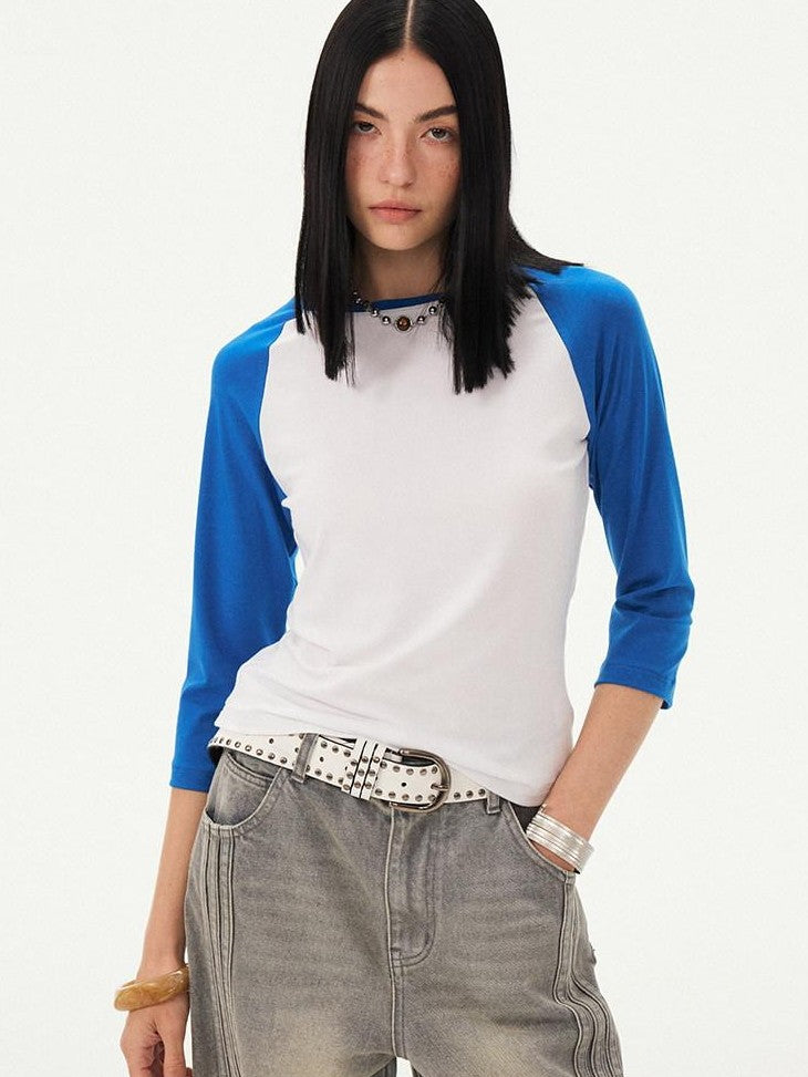 DIDDI MODA Black White Colorblock Raglan Crew Neck Waist Cinched Women&