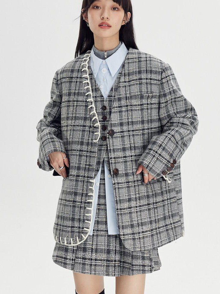 DIDDI MODA Black White Plaid Minimalist Bow Women&
