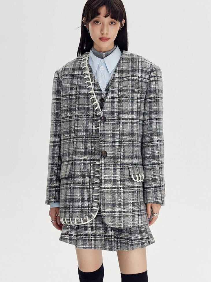 DIDDI MODA Black White Plaid Minimalist Bow Women&