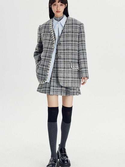 DIDDI MODA Black White Plaid Minimalist Bow Women&