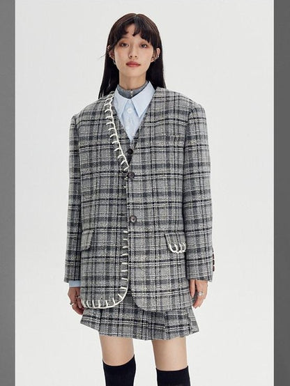 DIDDI MODA Black White Plaid Minimalist Bow Women&