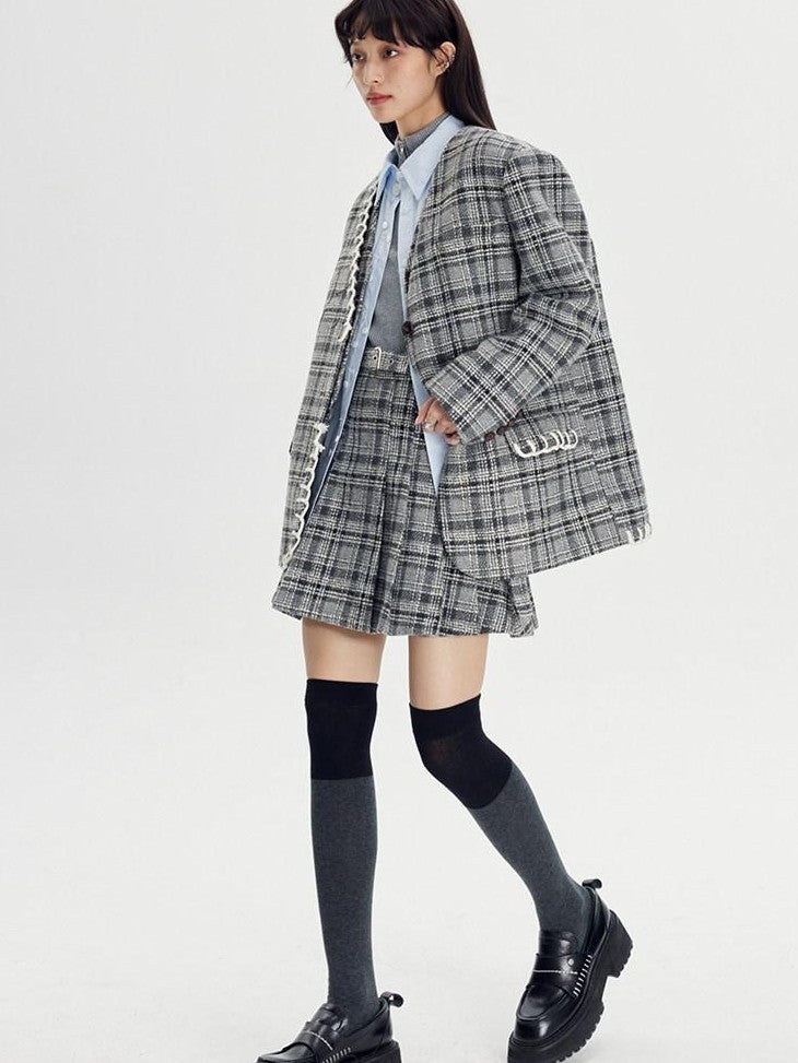 DIDDI MODA Black White Plaid Minimalist Bow Women&